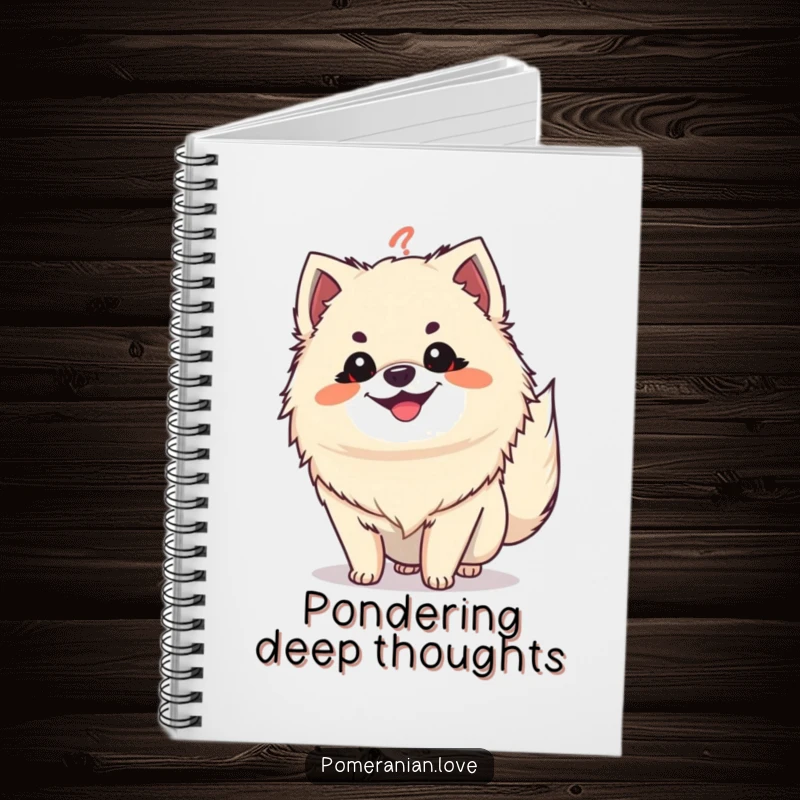 Funny Pomeranian question tail notebook, a grinning dog with tail like a question mark, perfect for jotting curious thoughts.