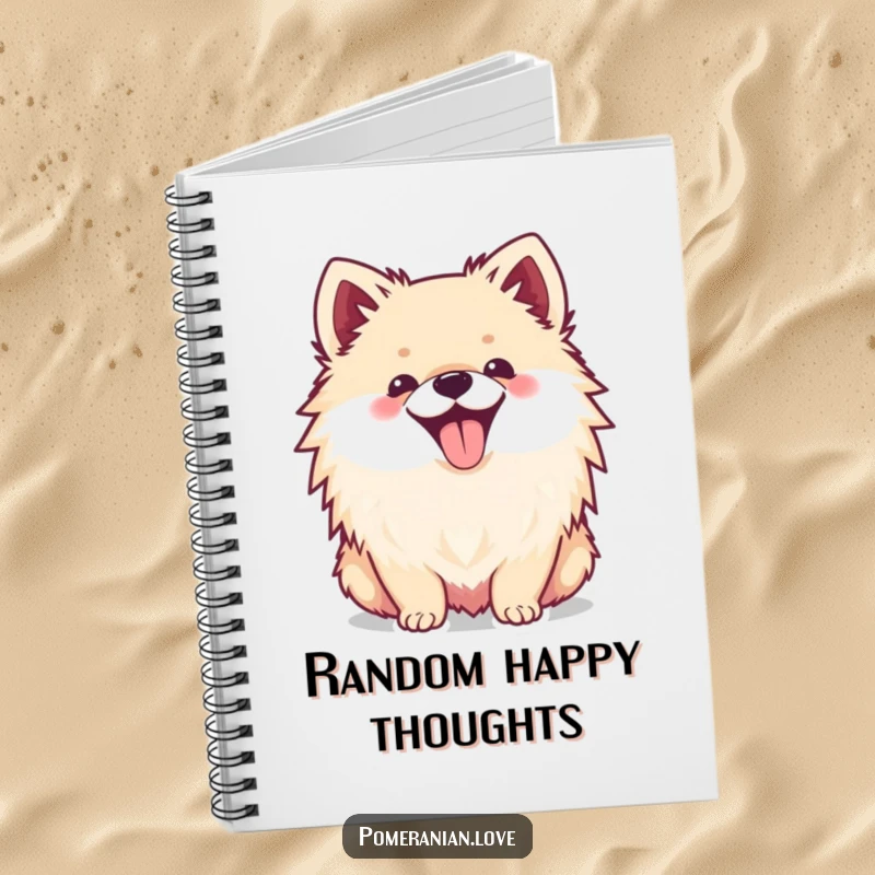 Funny notebook cover featuring a happy Pomeranian with its tongue sticking out, inspiring notes and doodles.