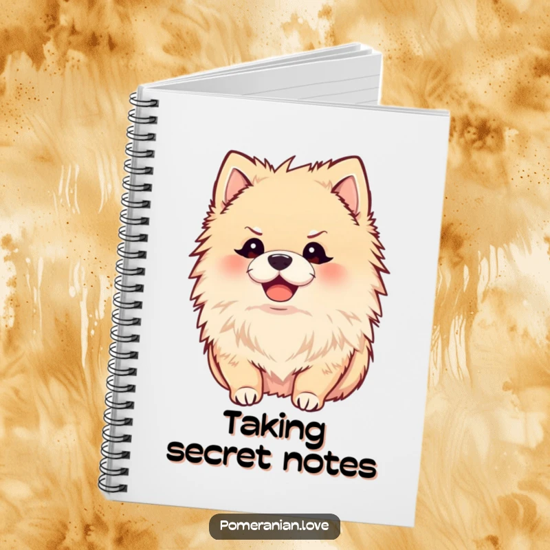 Funny notebook with a joyful Pomeranian, ears perked, listening intently, ideal for notes, a humorous gift.