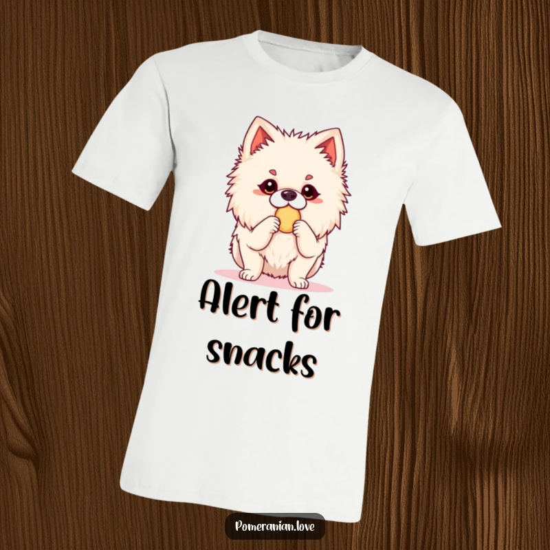 Funny Pomeranian t-shirt depicting an alert dog in a ready stance, eagerly awaiting a treat. Perfect for showcasing a love for snacks.