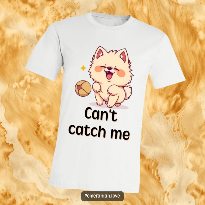 Funny Pomeranian dog character in mid-bark, intensely focused on a bouncing ball, radiating excitement on this graphic t-shirt.