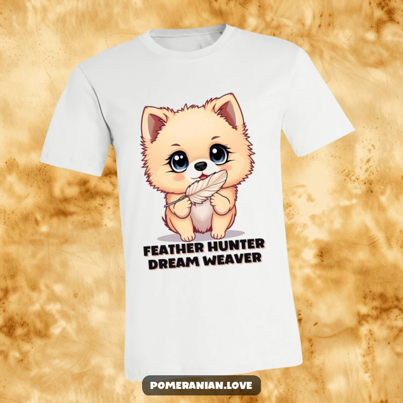 Funny Pomeranian t-shirt showing a dog with big, bright eyes enthusiastically playing with a feather, perfect for playful souls.