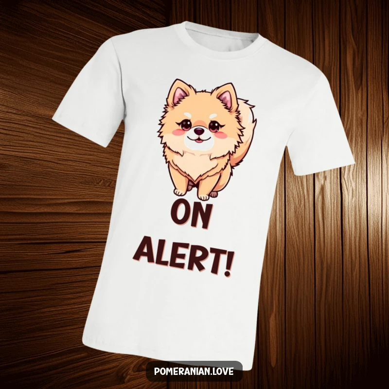 Funny alert Pomeranian t-shirt, a dog with its tail up and eyes keen, great funny gift.