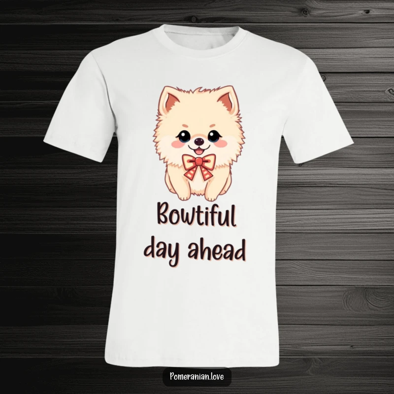 Funny t-shirt featuring a cheerful Pomeranian with a small festive bow, stylish and humorous, a gift.