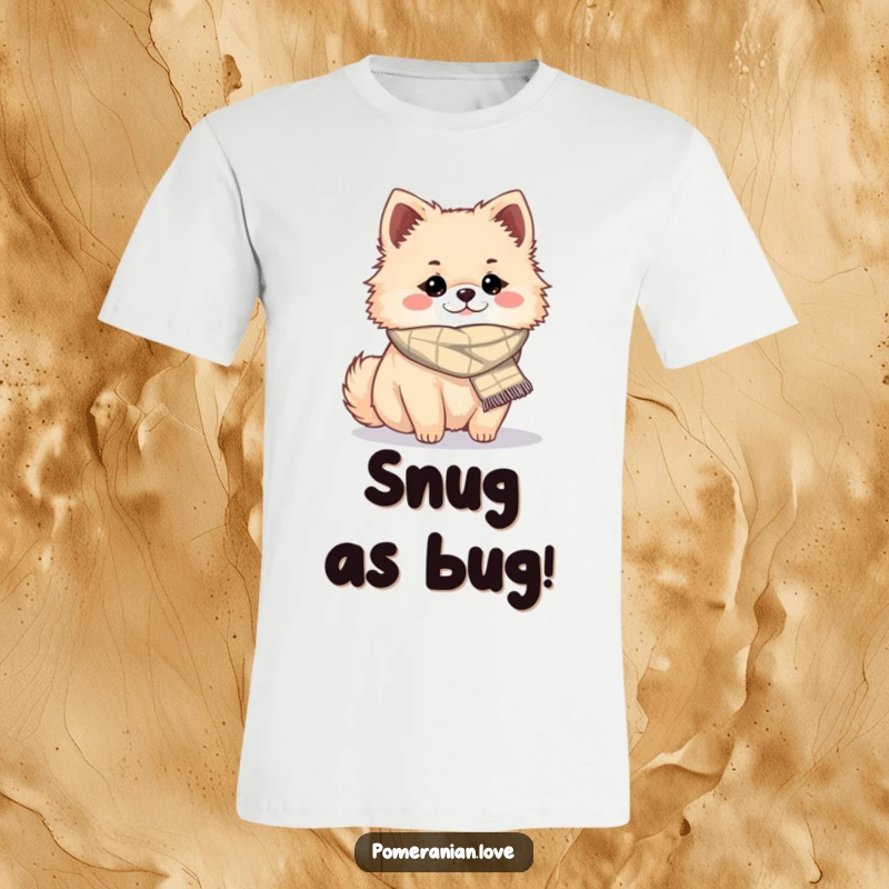 Funny cozy Pomeranian t-shirt, a cute dog wearing a scarf, ideal for a funny gift.