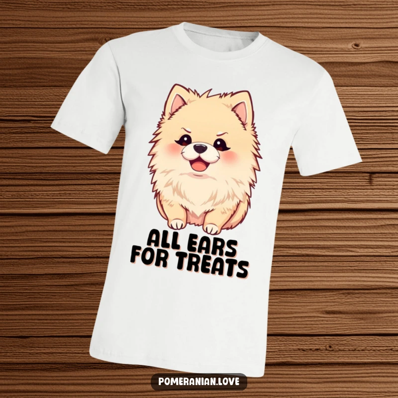 Funny t-shirt featuring a joyful Pomeranian with perked ears, listening intently, a humorous and cute gift.