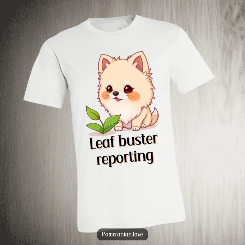 Funny t-shirt illustration of a Pomeranian dog with fuzzy ears energetically barking at a small, floating leaf with great interest.