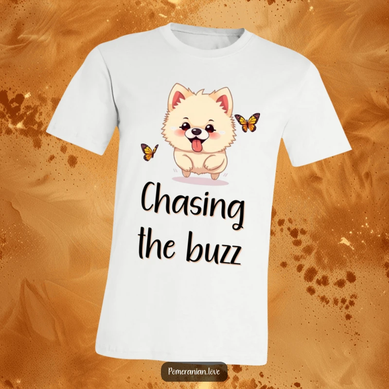 Funny Pomeranian t-shirt, a silly dog with its tongue lolling out, enthusiastically chasing a butterfly, embodying pure fun.