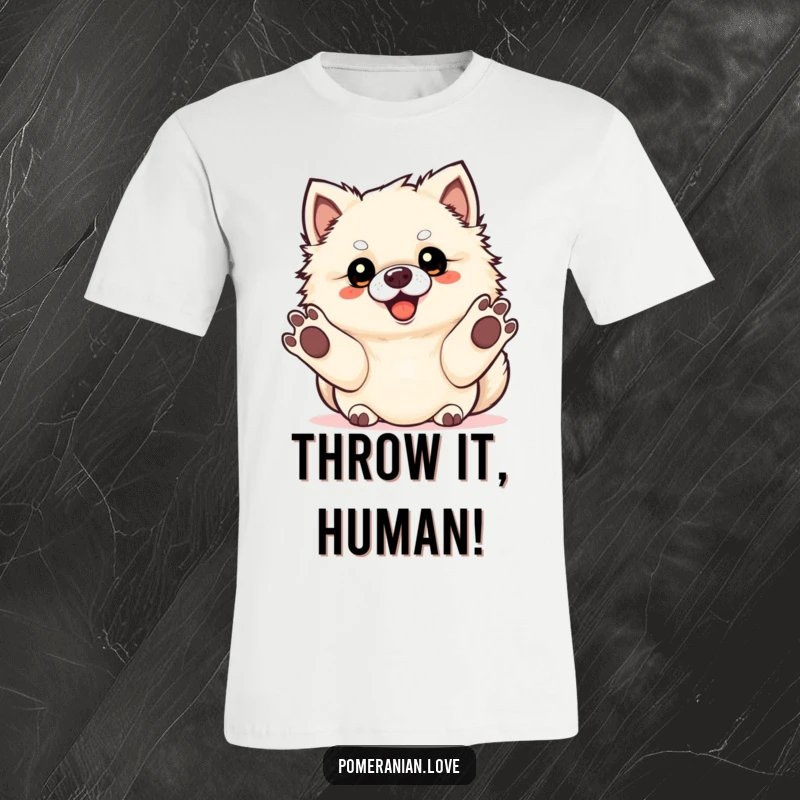Funny Pomeranian dog with paws extended, ready to play fetch, printed on a t-shirt.
