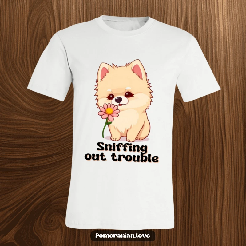 Funny Pomeranian dog tilting its head to sniff a bright flower, celebrating curiosity on a comfortable t-shirt.
