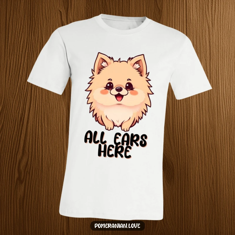 Funny Pomeranian t-shirt depicting a delighted dog with ears perked high, eyes focused intently, capturing a moment of intense curiosity.