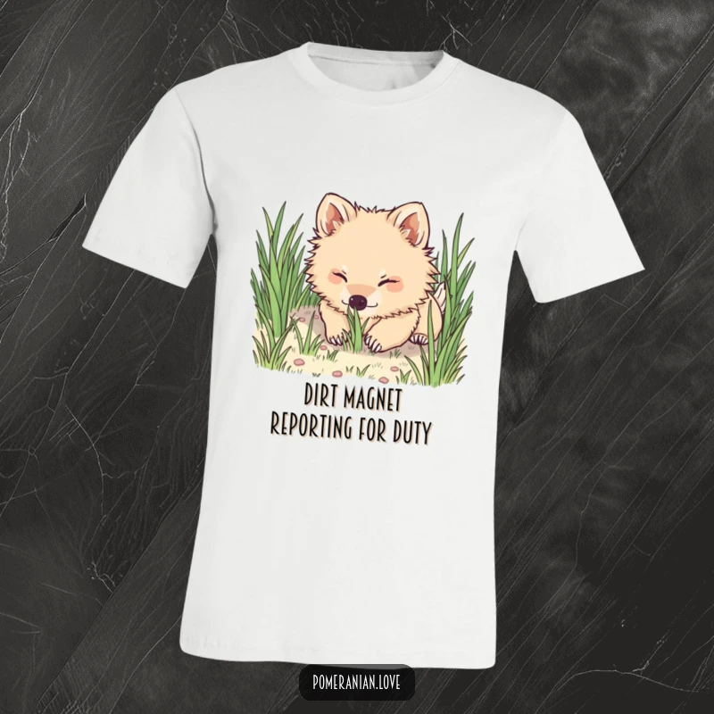 Funny Pomeranian t-shirt showing a cute dog energetically digging its nose into lush green grass, full of playful abandon.