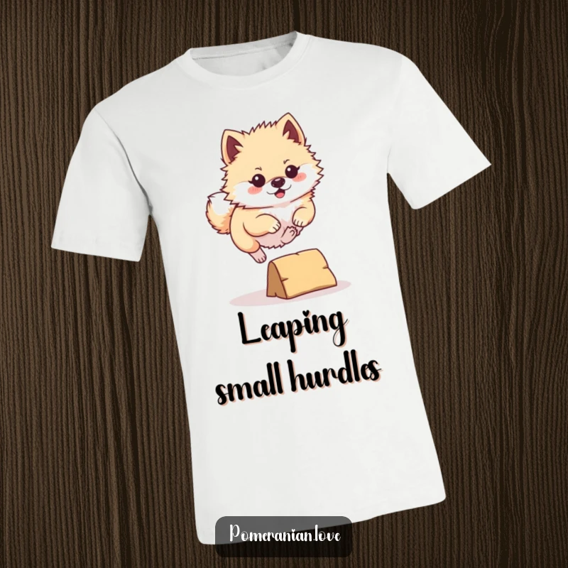 Funny Pomeranian T-Shirt: A cute Pomeranian with a determined stance energetically leaping over a tiny obstacle, showcasing canine athleticism and spirit.