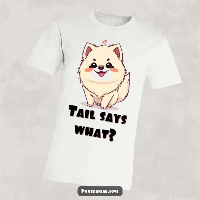 Funny Pomeranian question tail t-shirt, a grinning dog with tail like a question mark, expressing playful curiosity and humor.