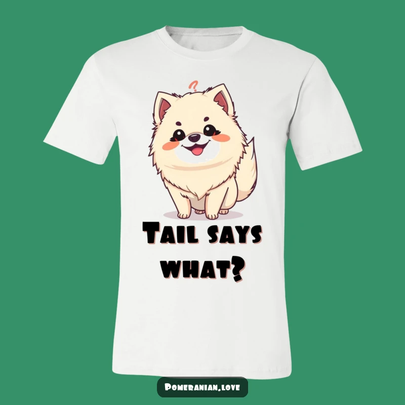 Funny Pomeranian Question Tail T-Shirt: Grinning Pup Intriguing Tee Design
