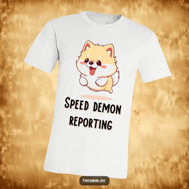 Funny Pomeranian dog in full sprint, tongue lolling out, printed on a comfortable t-shirt for energetic vibes.