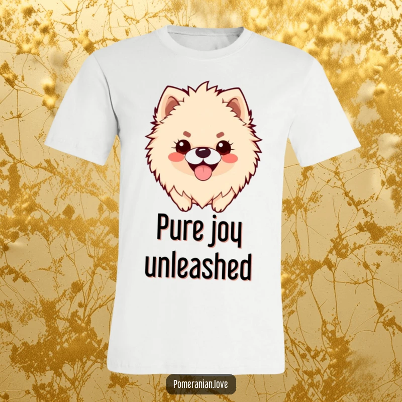Funny Pomeranian T-shirt showcasing a fluffy dog with a big, happy panting smile, perfect for dog lovers.