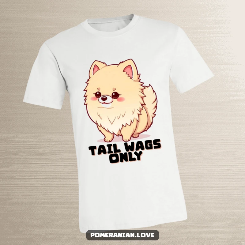 Funny t-shirt illustration of a proud, fluffy Pomeranian dog standing confidently and shaking its tail with pure delight.