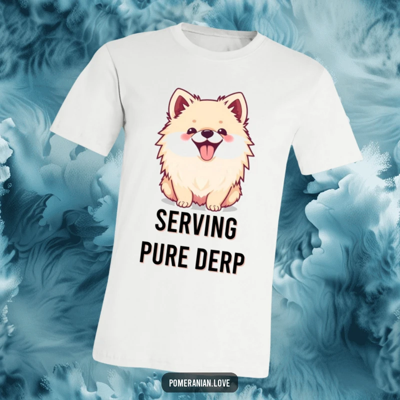 Funny t-shirt showcasing a happy Pomeranian with its tongue lolling out, captured in a moment of pure delight.