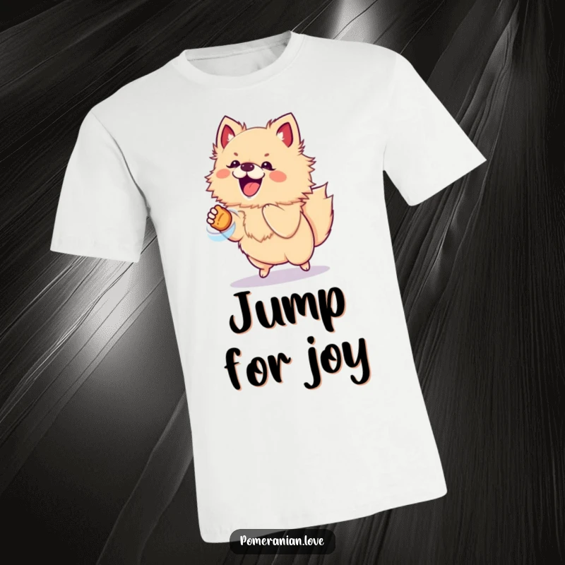 Funny t-shirt showing an excited Pomeranian dog jumping for a treat, capturing pure doggy delight.