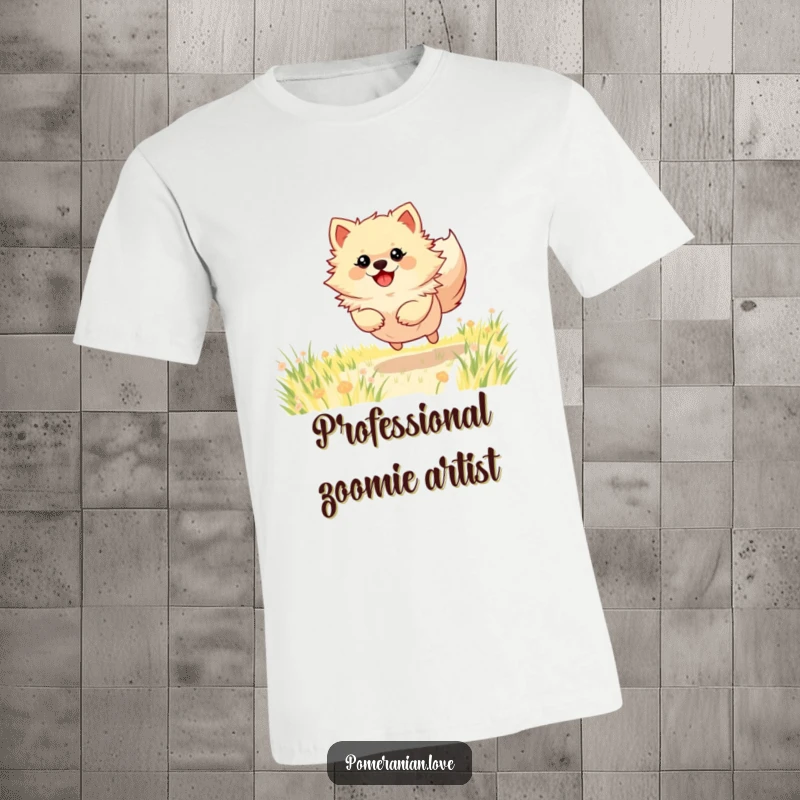 Funny Pomeranian T-shirt depicting a dog joyfully running with intense energy through a vibrant green field, showcasing pure happiness.