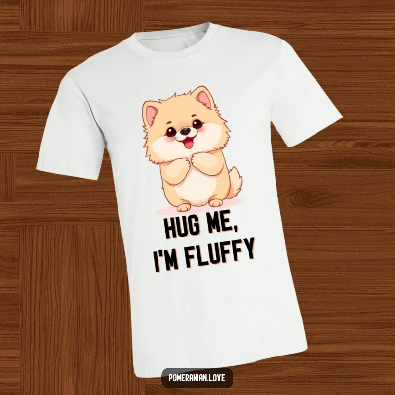 Funny Pomeranian t-shirt depicting an eager dog yapping, clearly begging for a hug. Perfect for expressing a love for affection and cuddles.