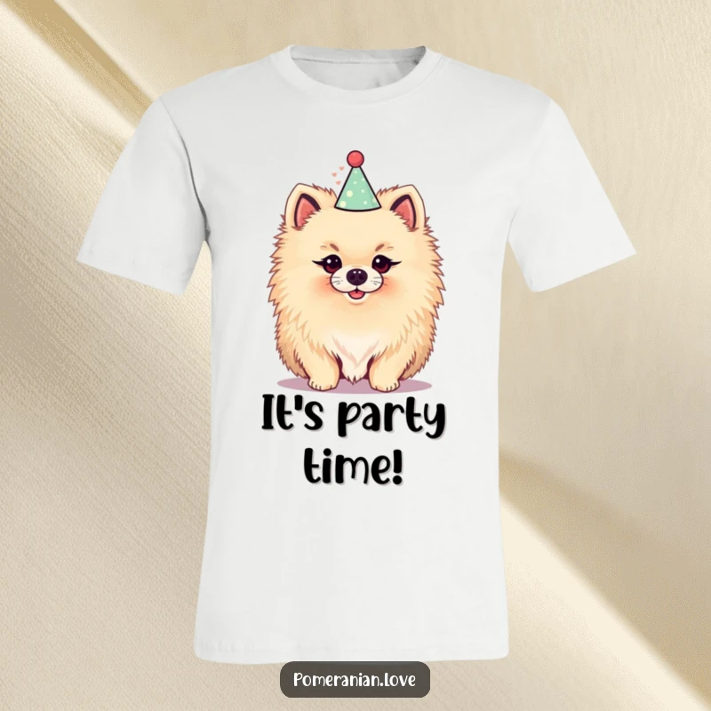 Funny t-shirt with a fluffy Pomeranian sporting a small party hat and a cheerful demeanor, embodying pure party spirit.