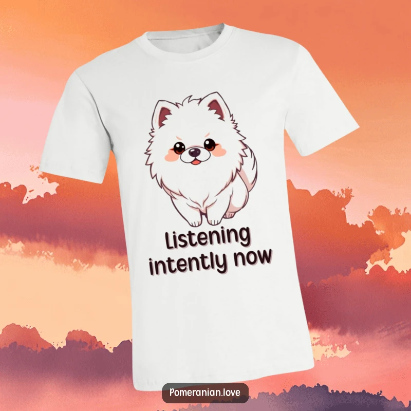 Funny Pomeranian dog with its tail curled over its back, depicted with an alert and focused expression on a t-shirt.