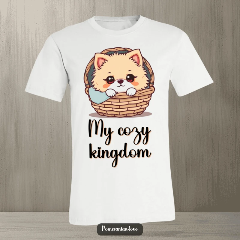 Funny Pomeranian T-Shirt: A Pomeranian with wide, expressive eyes peeking out from a cozy basket, showcasing innocent charm and cuddly appeal.