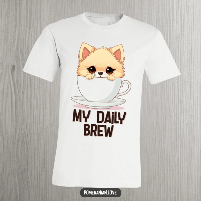 Funny t-shirt depicting a Pomeranian with curious eyes peeking out of a large teacup, embodying playful intrigue and charm.