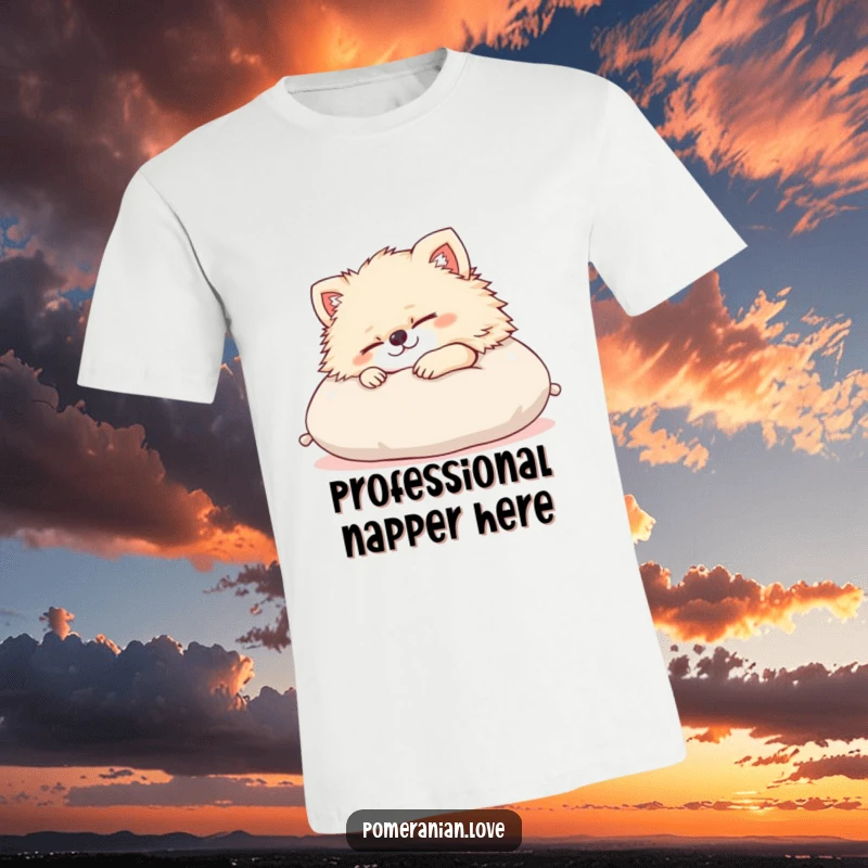 Funny Pomeranian t-shirt with a content dog napping on a cushion, depicting ultimate relaxation and a humorous love for sleep. Ideal for cozy days.