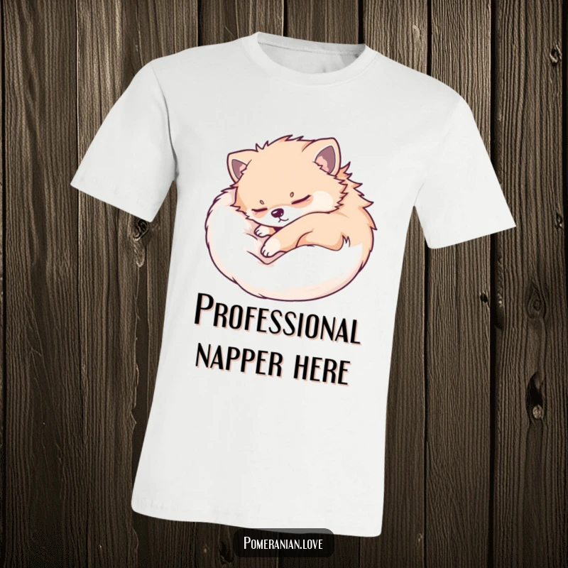 Funny Pomeranian t-shirt design of a dog peacefully curled up asleep, perfect for those who appreciate naps and canine cuteness.