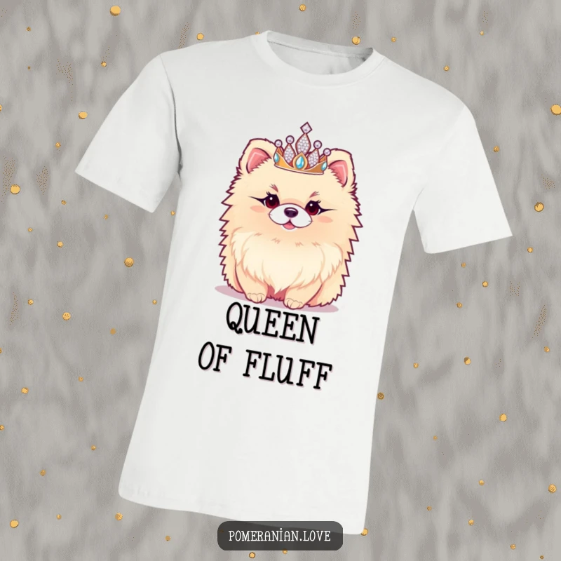 Funny Pomeranian T-Shirt: A fluffy Pomeranian dons a tiny sparkly tiara, looking regal and majestic, perfect for proud pet owners.