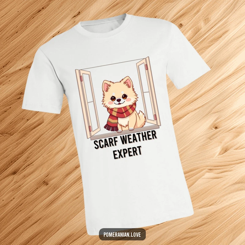 Funny Pomeranian T-shirt of a dog in a festive scarf peeking from a window, capturing holiday coziness and charm.