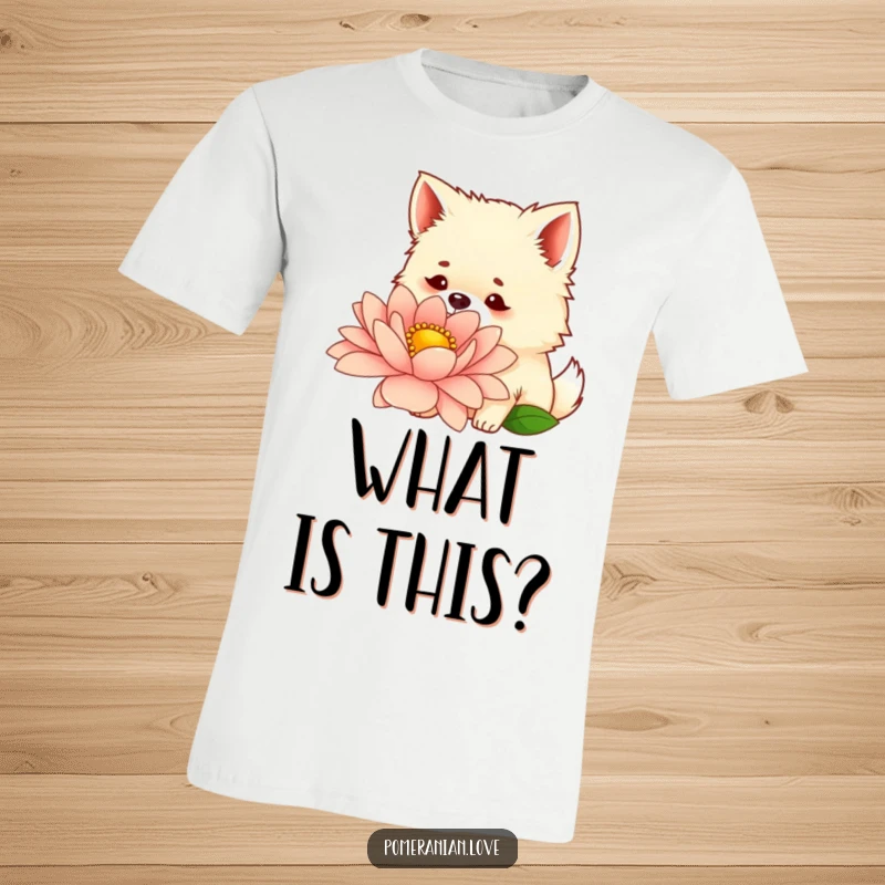 Funny t-shirt depicting a curious Pomeranian with alert ears, sniffing a massive, colorful flower with fascination.