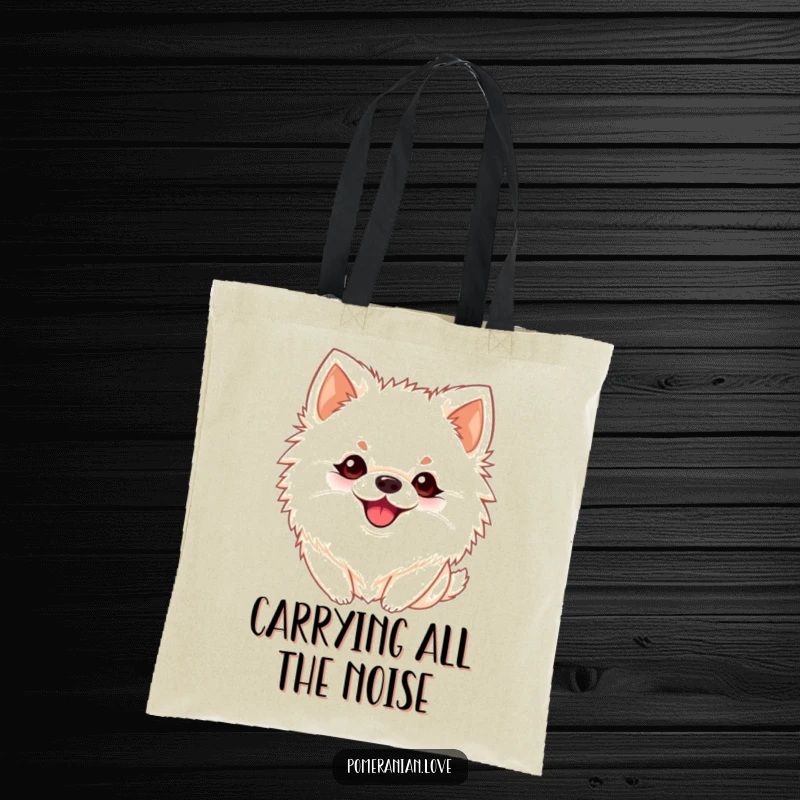 Funny Pomeranian tote bag showing a dog with perky ears barking playfully, symbolizing cheerful communication and carrying joy.
