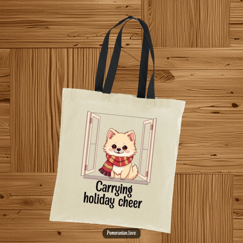 Funny Pomeranian tote bag showing a dog in a festive scarf peeking from a window, embodying holiday spirit and charm.