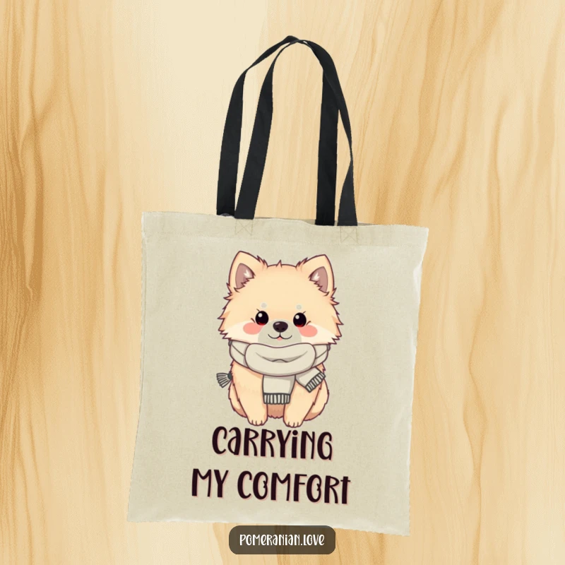 Funny Pomeranian dog wearing a scarf, looking cozy, depicted on a tote bag for charming and practical use.