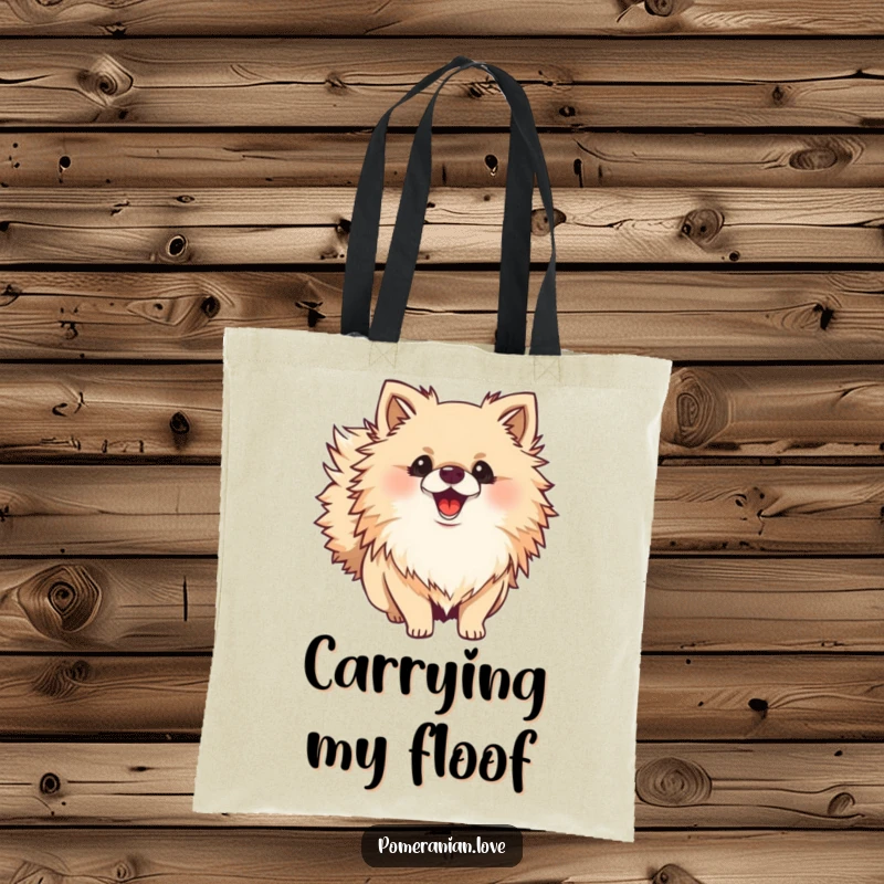 Funny Pomeranian tote bag featuring a fluffy dog whose bushy tail wags with excitement, ideal for shopping and daily use.