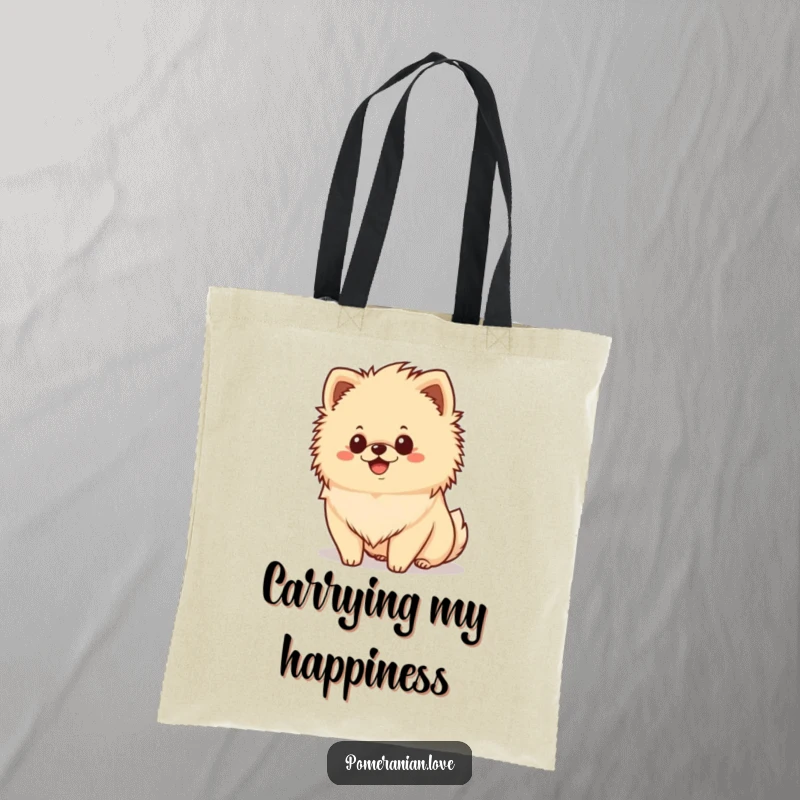 Funny happy Pomeranian tote bag, fluffy mane, smiling dog, cheerful accessory, cute tote bag.