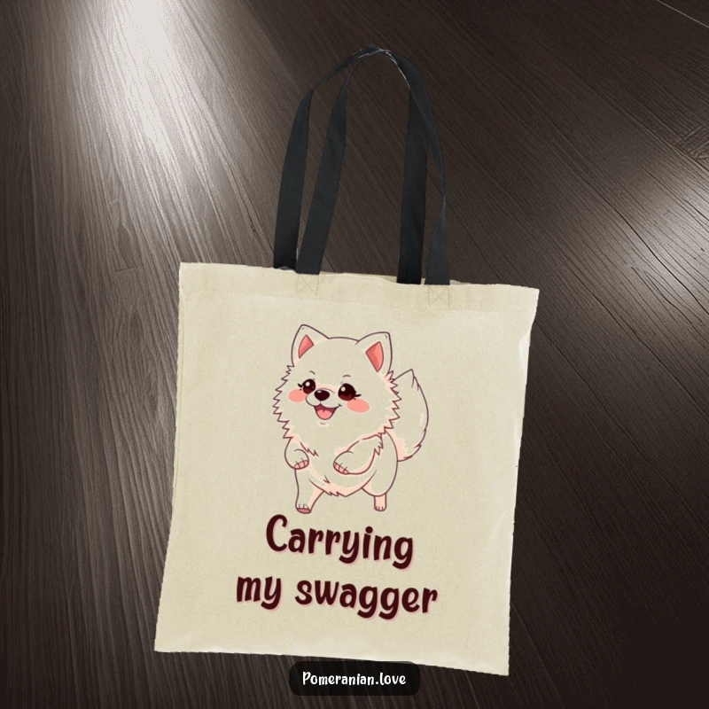 Funny Pomeranian tote bag, showing a happy dog with its tail held high, confidently trotting forward with a proud and joyful expression.