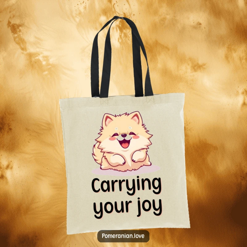 Funny Pomeranian dog rolling over with a joyful yip on a durable tote bag, great for everyday use.