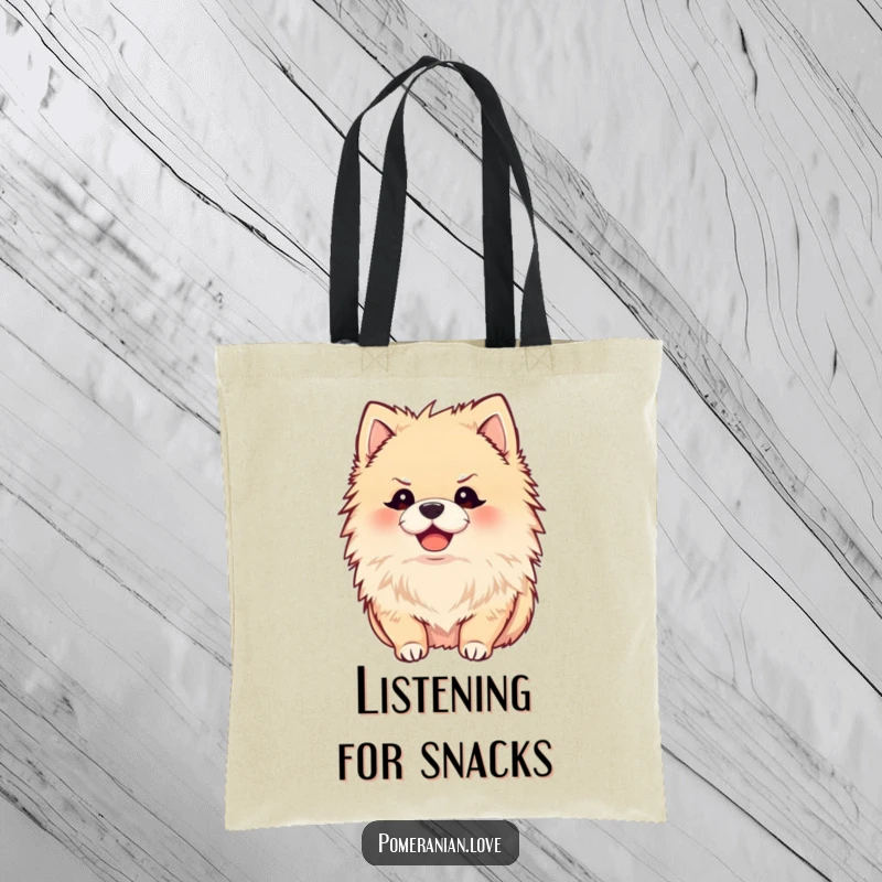 Funny tote bag featuring a joyful Pomeranian with perked ears, listening intently, great for everyday, a gift.