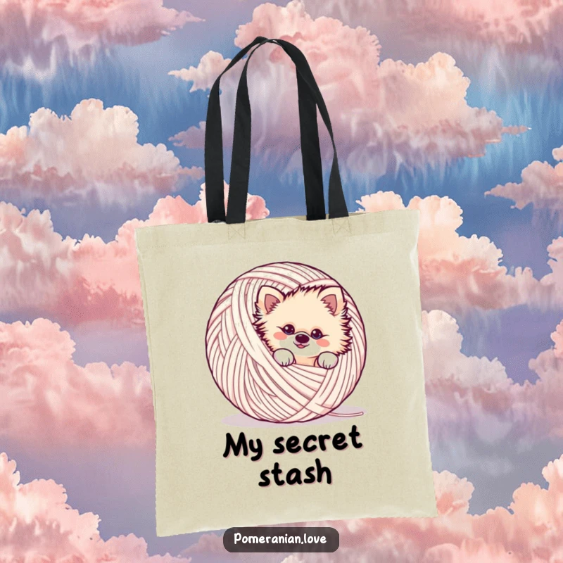 Funny mischievous Pomeranian tote bag, peeking from yarn, playful, sneaky, cute accessory.