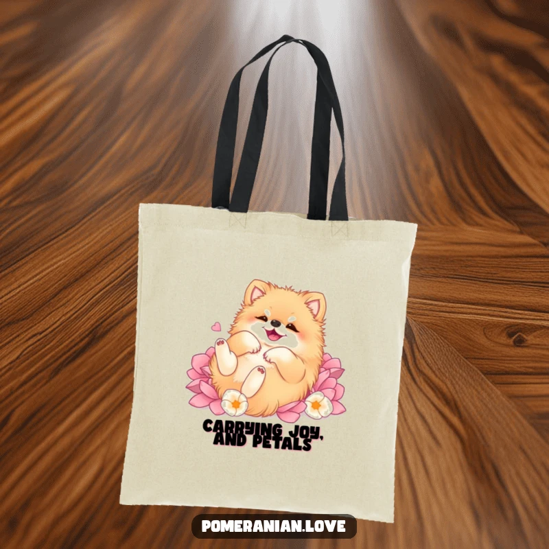 Funny Pomeranian tote bag, capturing a dog's utter joy as it rolls on its back through a bed of soft, abundant flower petals.