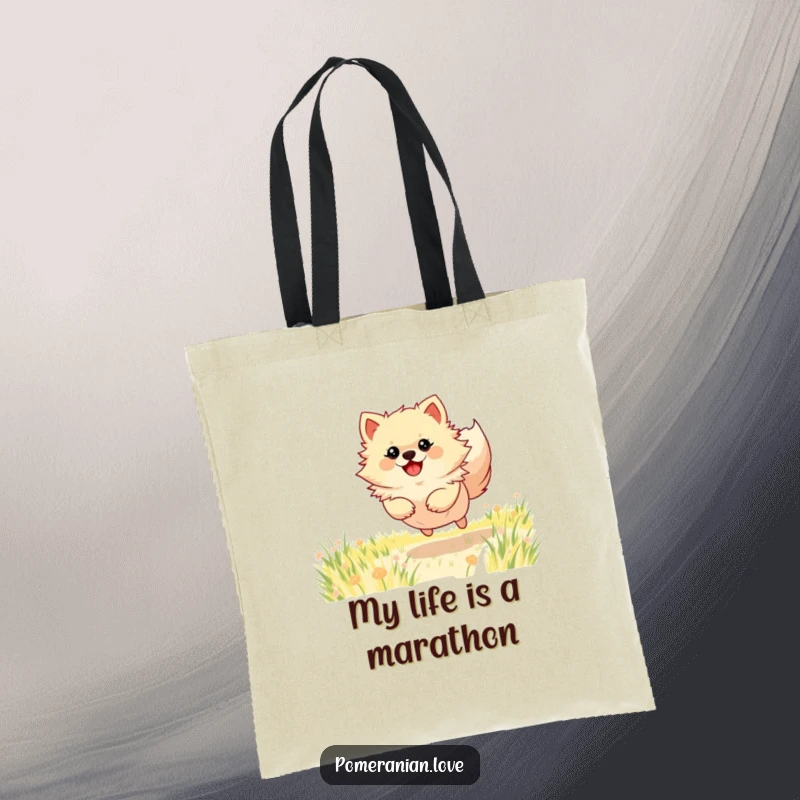 Funny Pomeranian tote bag showing a dog in mid-leap through a field, symbolizing adventure and boundless canine energy.