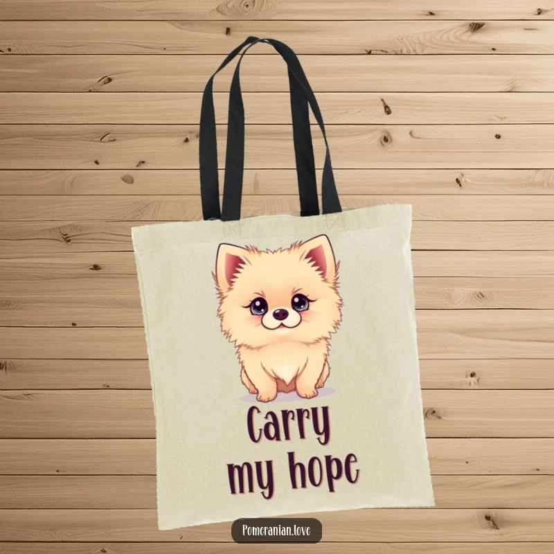 Funny tote bag featuring a Pomeranian dog looking up with bright, captivating eyes, perfect for daily use.