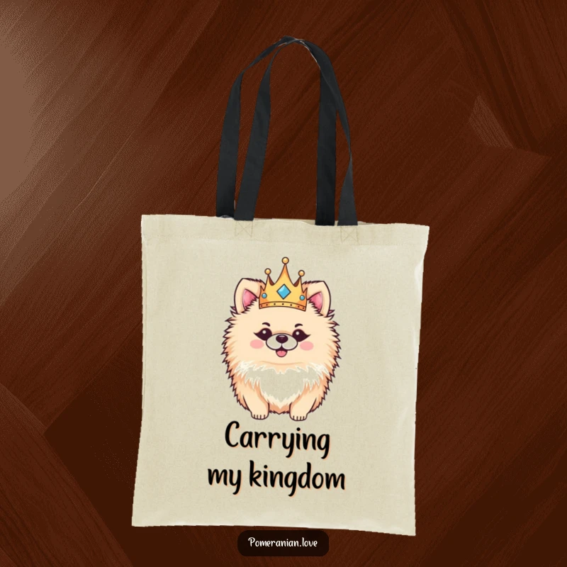 Funny Pomeranian tote bag, a fluffy dog proudly wearing a small crown, looking happy and regal, ready to go anywhere.