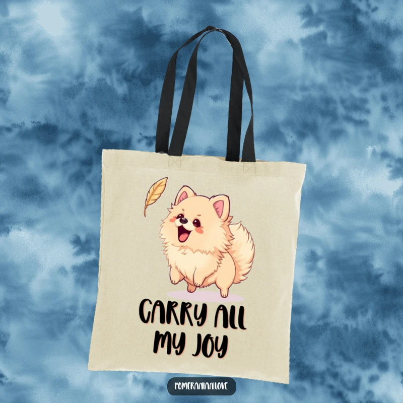 Funny tote bag featuring an excited Pomeranian wagging its tail, playfully pursuing a feather, perfect for carrying daily essentials.