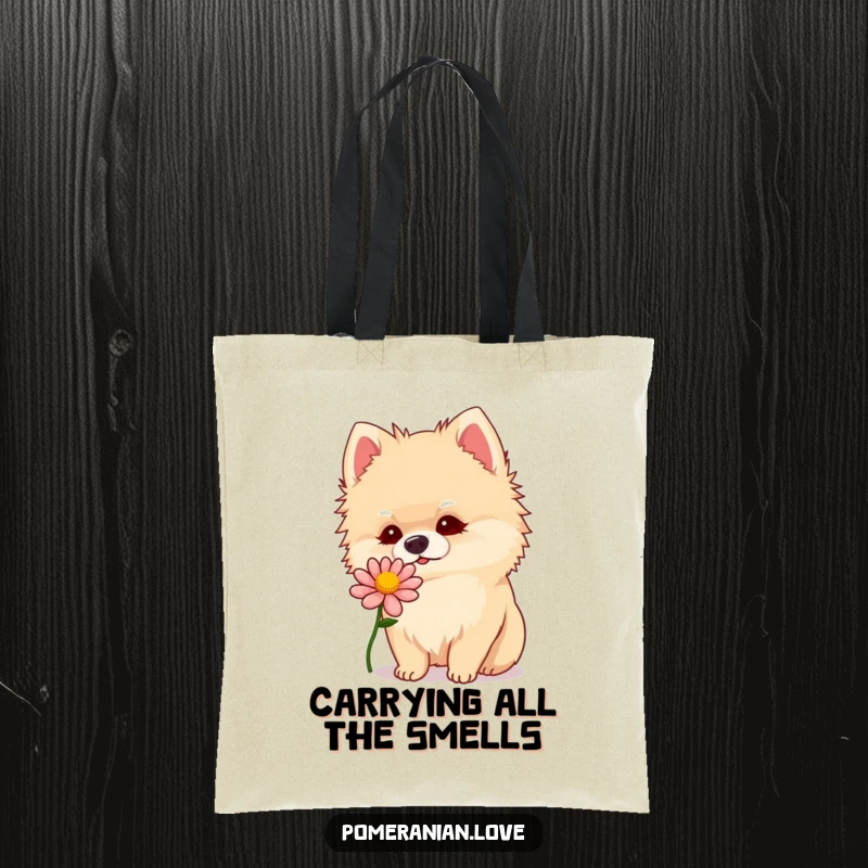 Funny Pomeranian dog curiously sniffing a flower, art on a sturdy tote bag, ideal for shoppers.